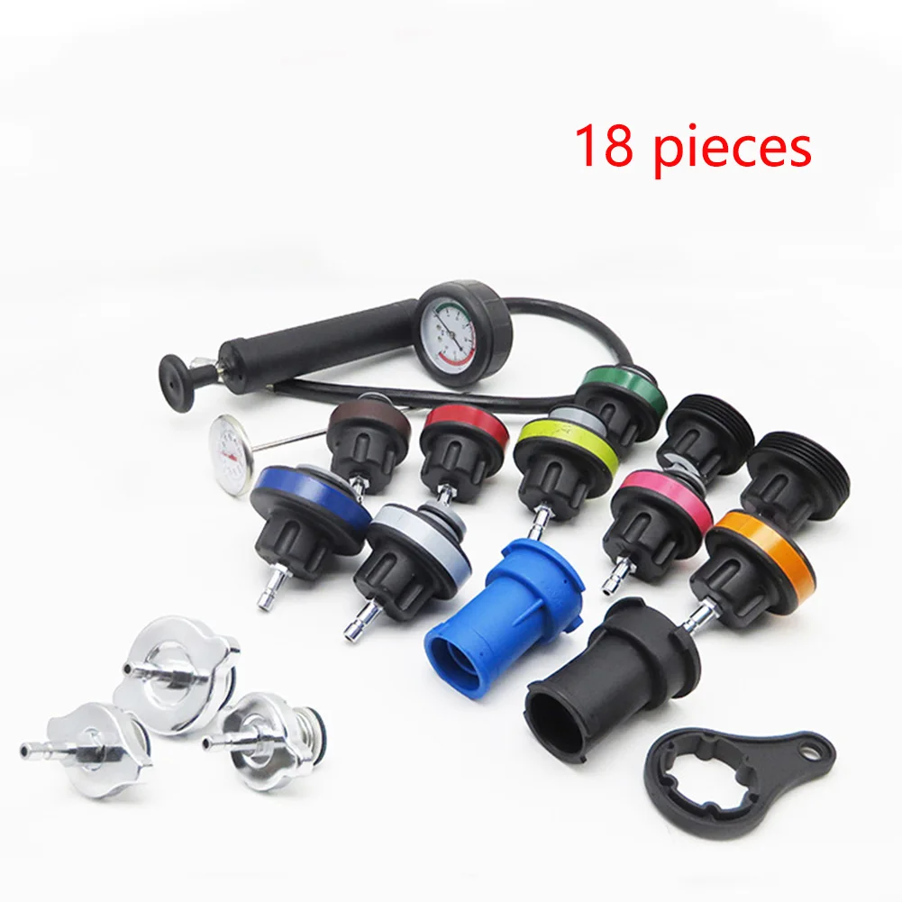 Comprar 18 unids set herramienta de radiador Kit de prueba de compresión de presión automática tanque de agua sistema de refrigeración fácil de usar Detector de fugas de reparación de coche DIY