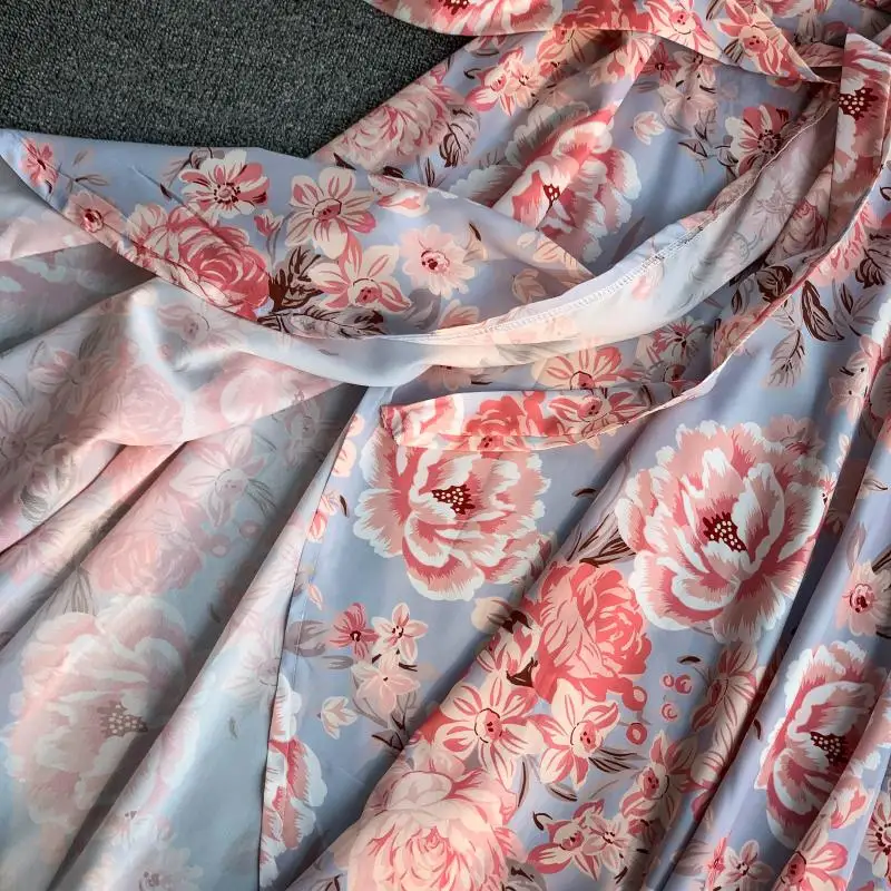 Взлетно-посадочной полосы летнее дизайнерское женское платье элегантный Цветочный принт v-образный вырез сексуальное длинное платье с поясом, с рукавами-фонариками, богемный шик платье