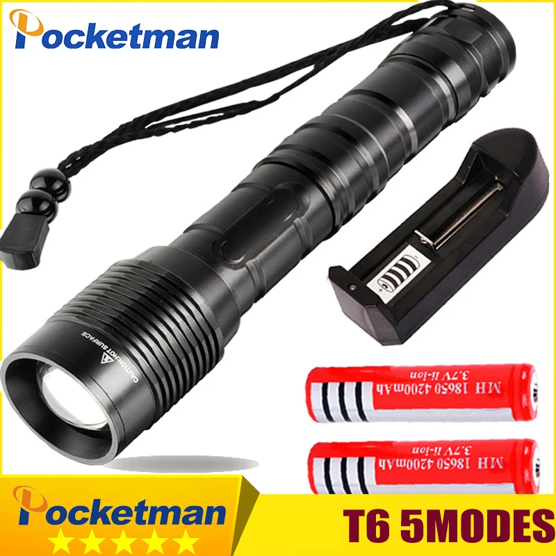 

4000Lumens Powerful Tactical LED Flashlight T6 5-Mode Zoomable LED Torch light 18650 battery Telescopic Hunting Pocketman