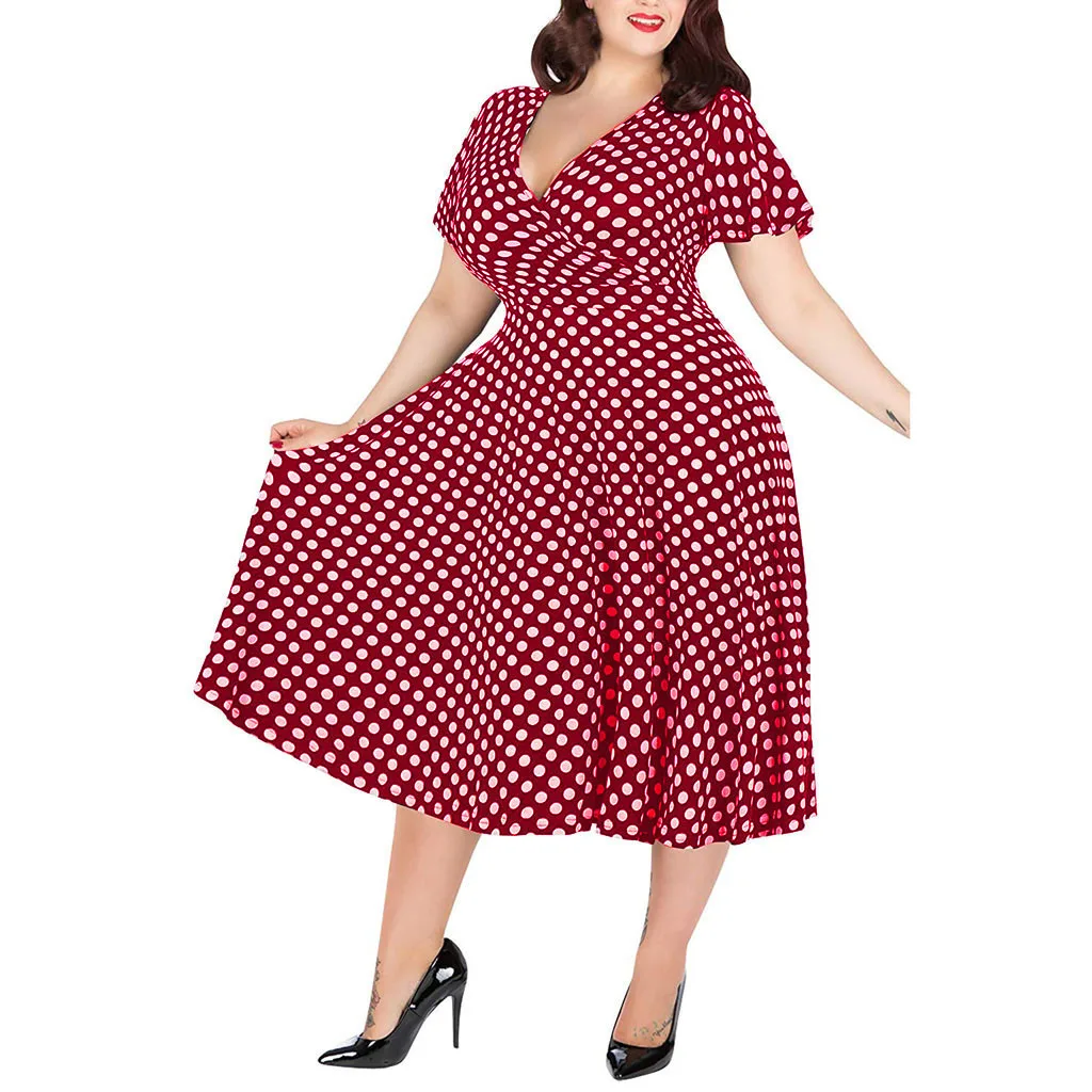 

Dress Women Dress Vestidos De Verano Robe Longue Casual Polyester V-neck Short-Sleeved Polka Dot Printed Belt Dress платье Z4