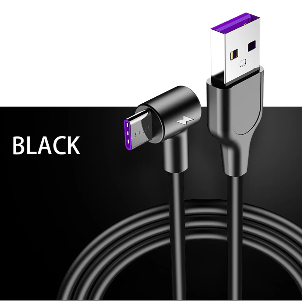 L Тип usb Тип-c кабель 1/2/3 м 5A Быстрый зарядный кабель 90 градусов usb c данных провод кабель для huawei p30 xiaomi телефон - Цвет: Черный