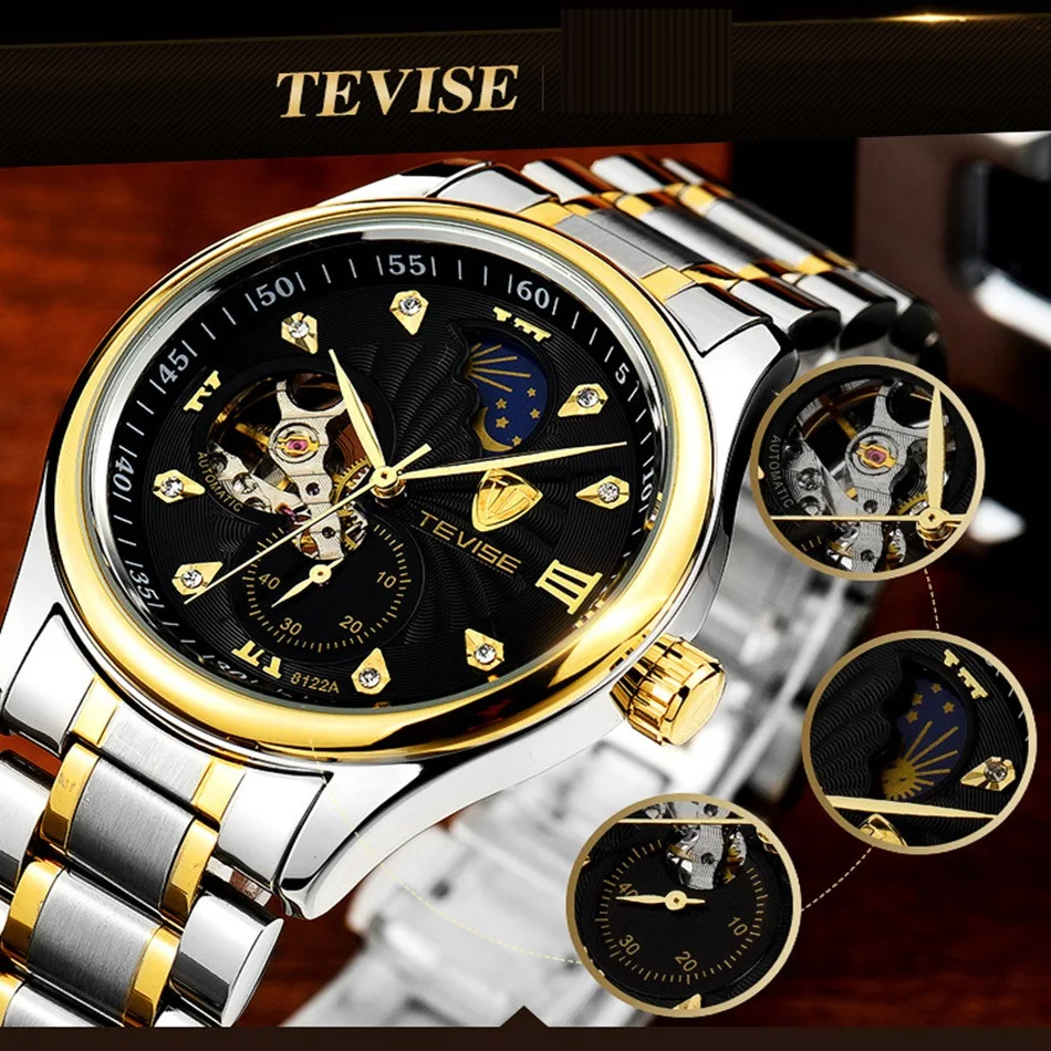 Брендовые часы, мужские роскошные часы TEVISE Tourbillon, автоматические механические часы, водонепроницаемые, с фазой Луны, стальные мужские наручные часы, мужские часы