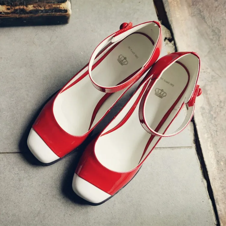 Spring sweet patchwork first layer of cowhide horseshoe heel red