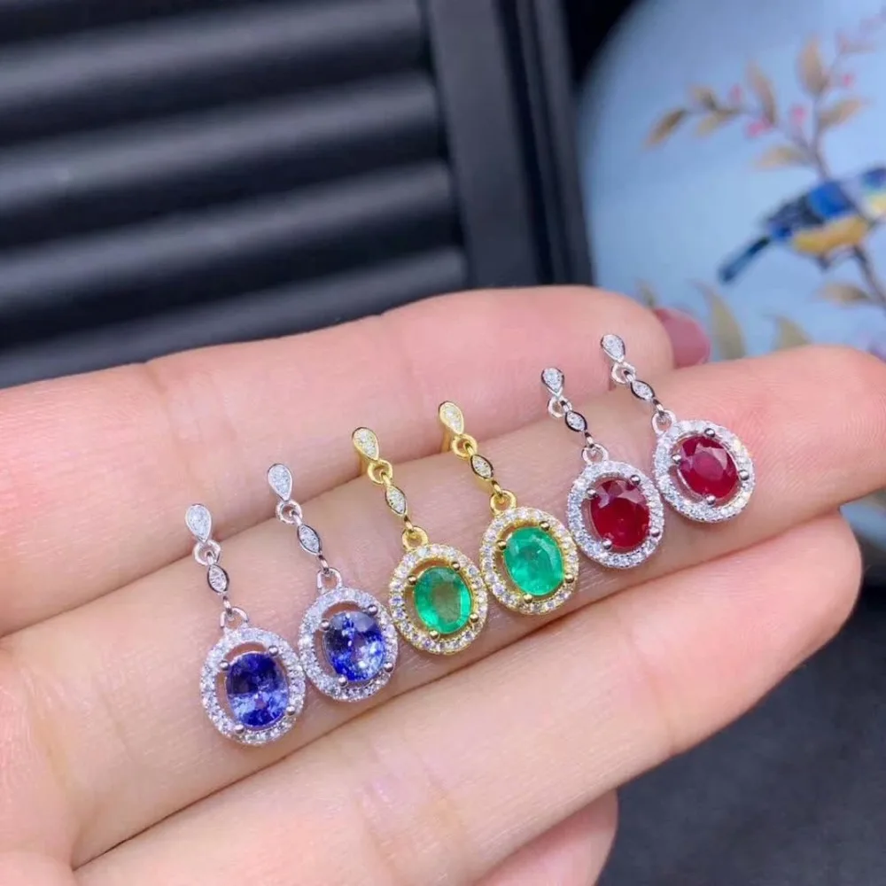

SHILOVEM 925 sterling silver real Natural Emerald sapphire ruby stud earrings classic fine Jewelry women de0405822agmlhl