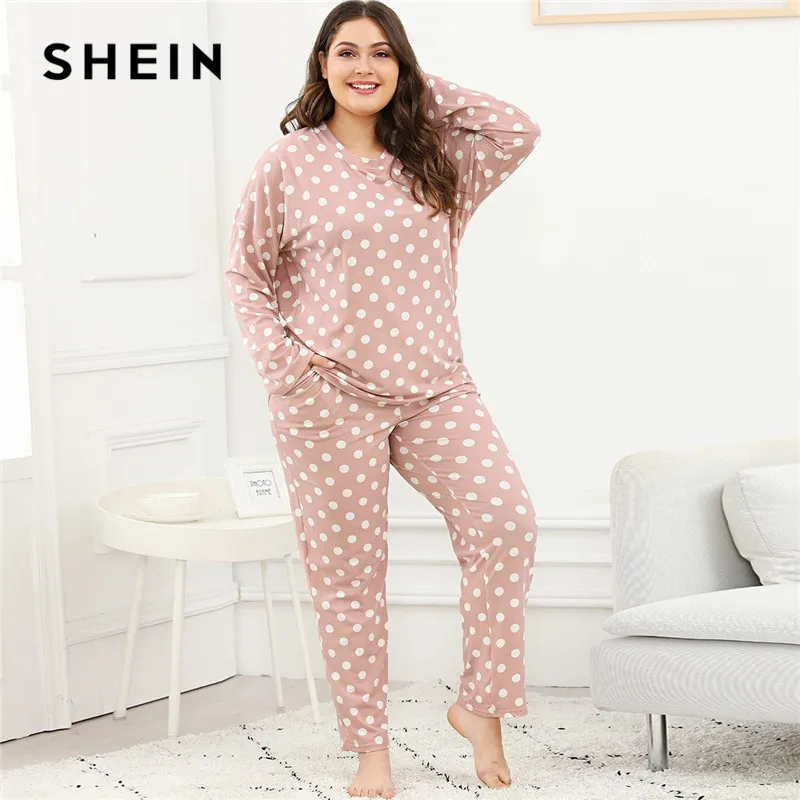 Buy SHEIN Plus Size Polka Dot Women Pink Pajama Set