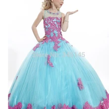 Новые пышные платья для девочек светло-Небесно-Голубой тюль и кружево покрытое прозрачное бальное платье с круглым вырезом милое платье с цветочным узором для девочек дешево