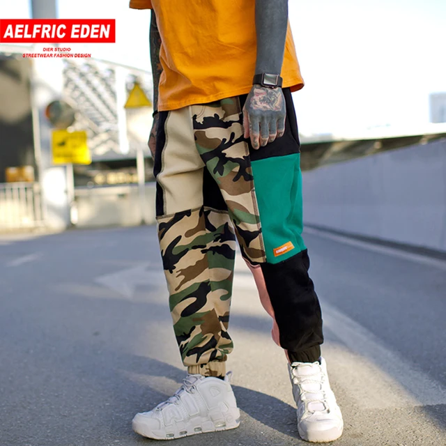 US $40.55 Aelfric Eden Vintage Color Block Men Sweatpants Patchwork Camo Joggers 2018 Hip Hop Skateboard Acti