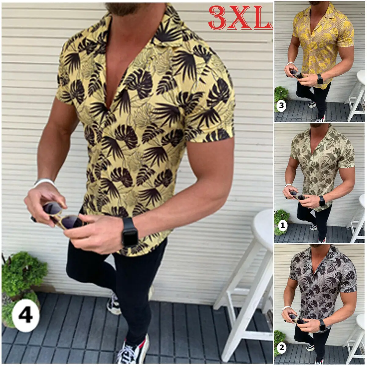 

Men Tropical Floral Print V Neck short Sleeve Turn down Neck Muscle Tee Hawaiian Style Male Shirts Casual Tops Plus Size 3XL