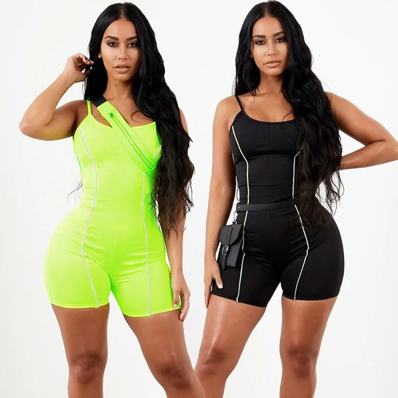 

2019 Women Sexy Strapless Playsuit Neon Color Skinny Bodysuit Reflective Striped Patchwork Strap Backless Fitness Outfit