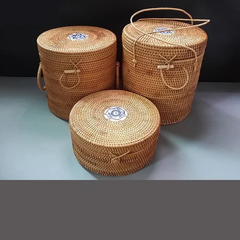

Handmade Rattan Woven Packaging Pu'er Tea Cake Storage Box Cans With Rope Tea Cans Container Retro Round Teapot Boxes