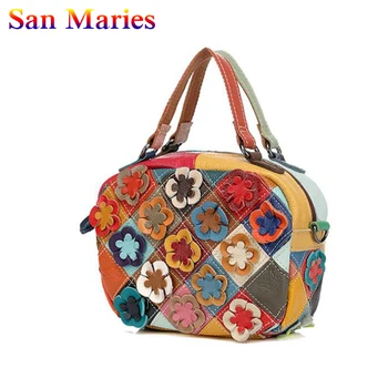 

San Marie Fashion Women Genuine Leather Handbags Ladies Cowhide Leather Bags Female High Quality Shoulder Patchwork Flower Tote