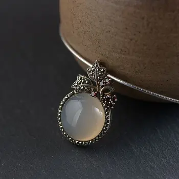 

FNJ Flower Pendant 925 Silver New Round Chalcedony Stone Pure Original S925 Thai Silver Pendants Women for Jewelry Making