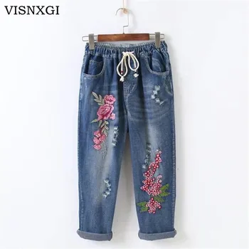 

VISNXGI Women Stretch High Waist Skinny Embroidery Jeans Without Ripped Woman Floral Holes Denim Trousers Jeans Pencil Pants