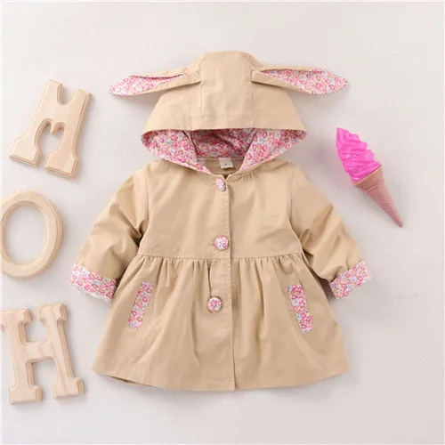 Весенне-осеннее пальто-ветровка для девочек верхняя одежда с капюшоном и цветочным принтом для маленьких девочек, детская одежда детские пальто с кроликом, куртка, одежда - Цвет: Khaki