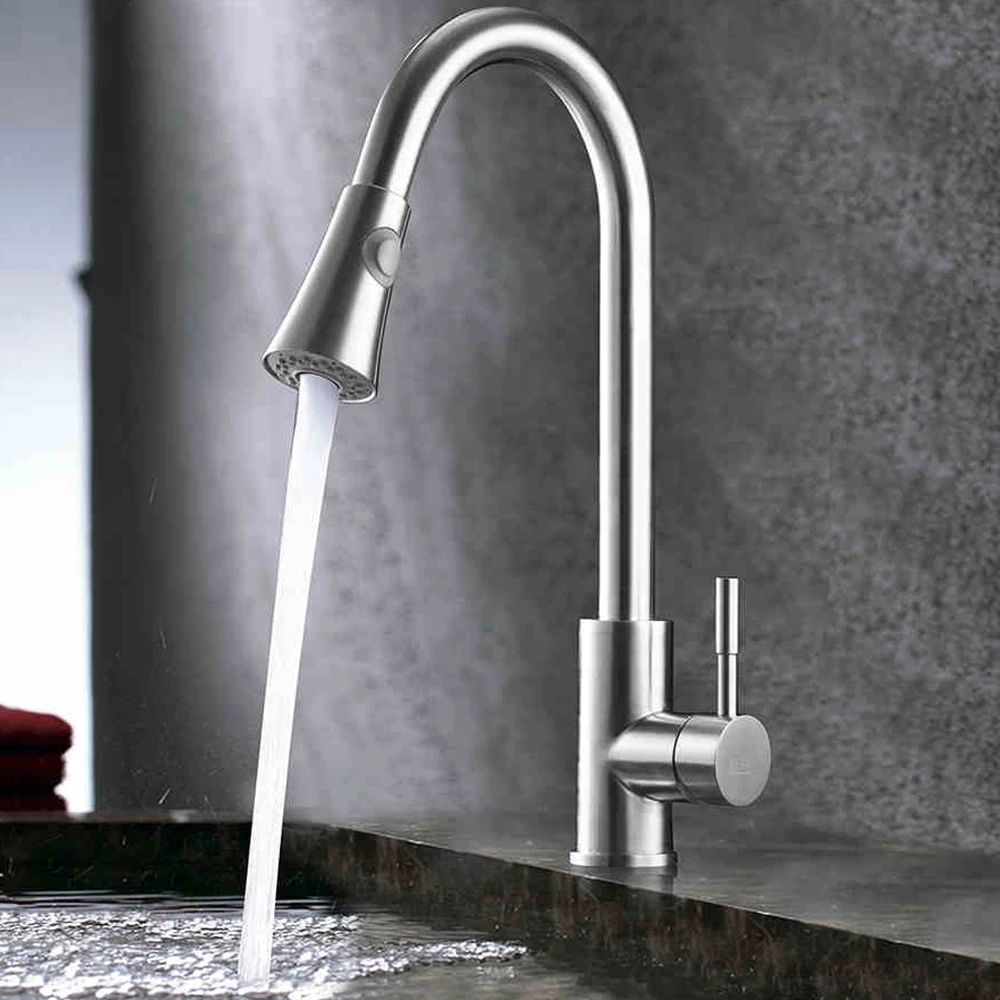 Solid Stainless Steel Pull Down Sprayer Kitchen Bar Sink Mixer Faucet