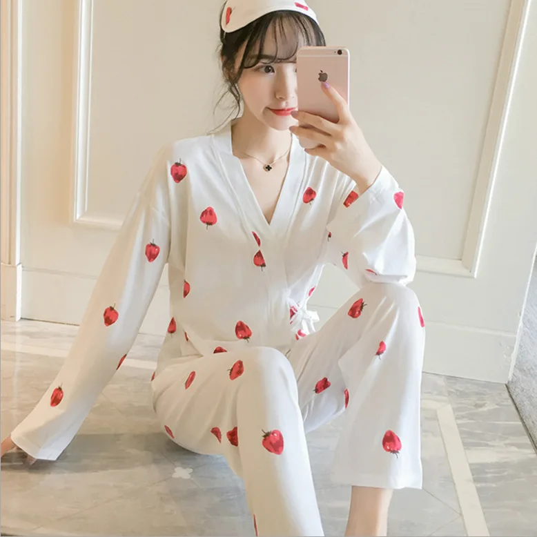 Женские пижамные комплекты, кимоно с длинным рукавом, пижамный комплект из 2 предметов, женская пижама, пикантная сорочка для женщин, одежда для сна, длинные штаны - Цвет: hefu caomei bai