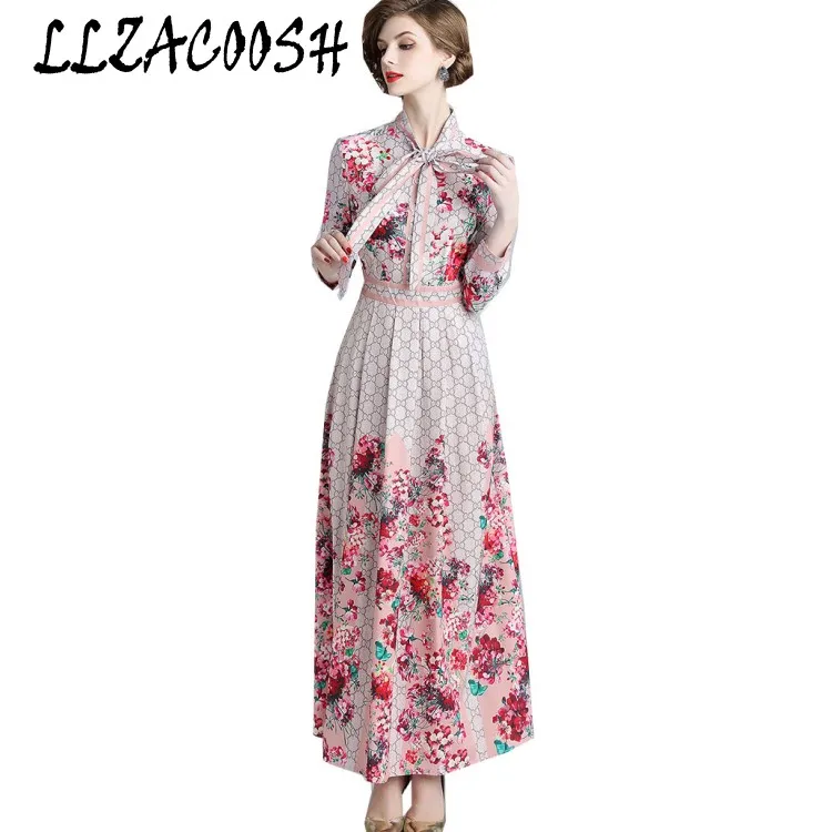 

Runway Womens Vintage Pastoral printing Elegant Party Slim Dress 2018 Spring Femme Long Sleeve Maxi Dresses Vestidos