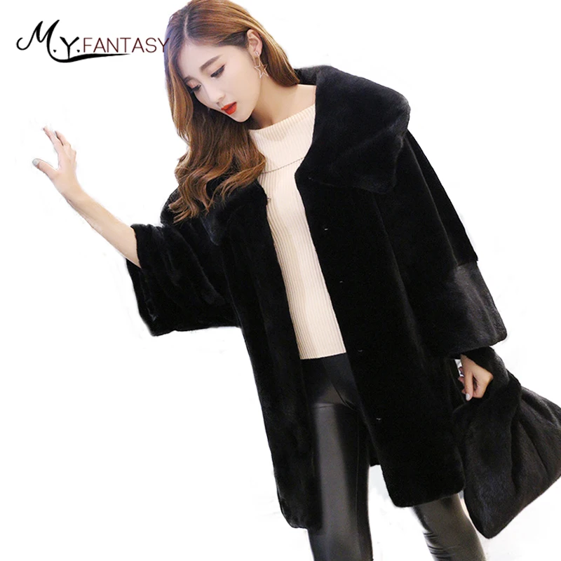 M 。 Y 。 FANSTY 2019 輸入冬損失黒ミンクコートバットウィングスリーブリアルターンダウン襟女性スリムミンクコートreal