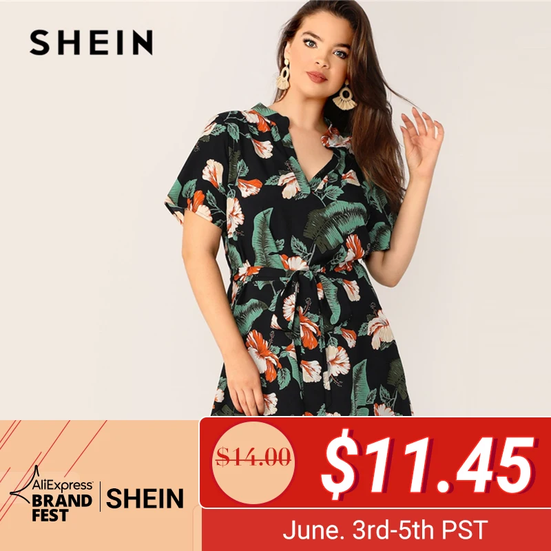 

SHEIN Boho Multicolor Plus Size Tropical Print Belted Midi Dress 2019 Regular Sleeve V Neck Casual Beach Vacation Dresses