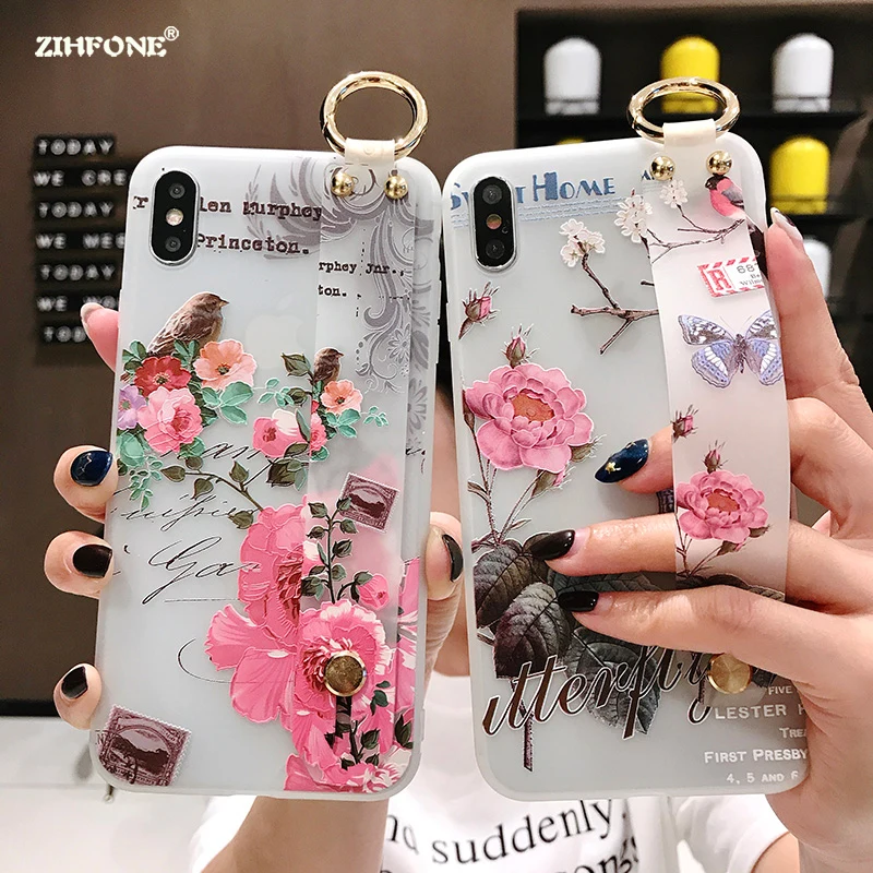 

Funda Flower Silicone Phone Case For iPhone 8 7 6s 6 Plus Wrist Strap 3D Relief Soft TPU Holder Cover On iPhone X XR XS Max Case