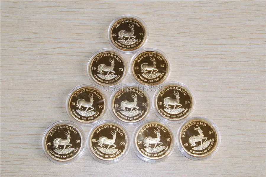 

DHL Free shipping 100pcs/lot (10 sets) mix 10 years,One Ounce Fine Gold-Plated Krugerrand Replica Coin Without Copy