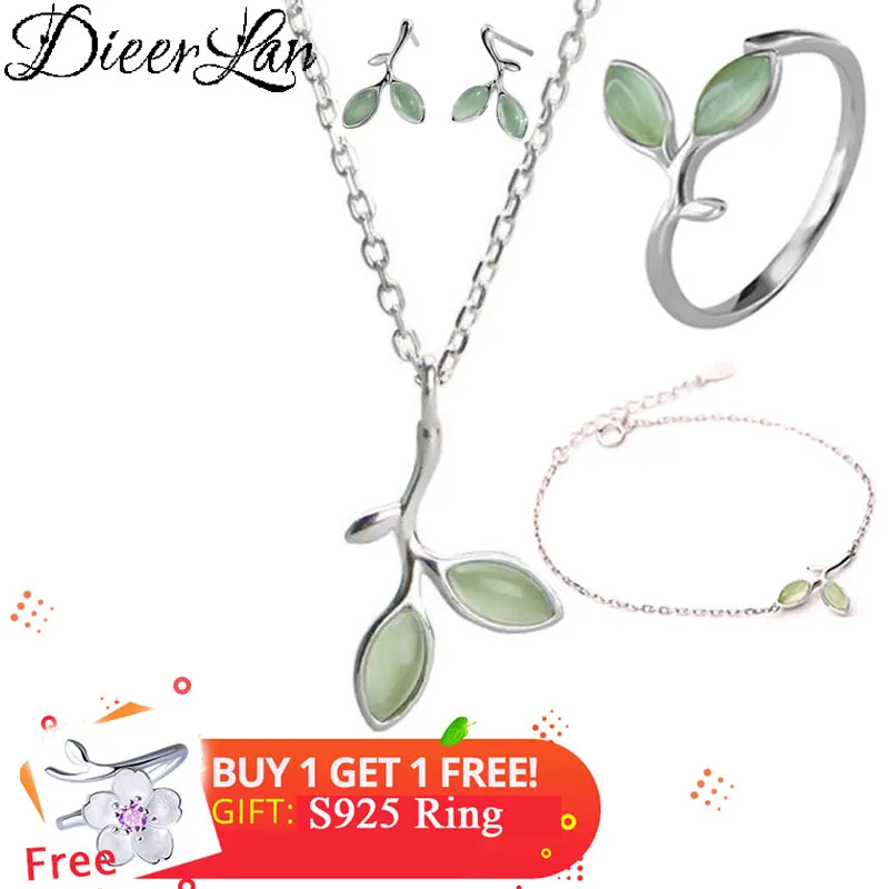 

DIEERLAN Dubai Boho Fashion Opal Jewelry Sets 925 Sterling Silver Leaf Necklaces Charm Bracelet Ring for Women Statement Jewelry