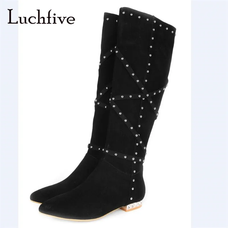 

Sexy rivets belts knee high boots women cow suede pointed toe long boots crystal med heels zipper black shoes woman