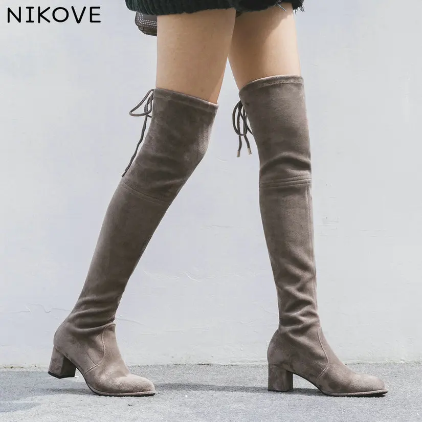 

NIKOVE 2019 Cow Suede Fashion Women Over The Knee High Boots Square High Heel Pointed Toe Black Grey Women Shoes Size 34-42