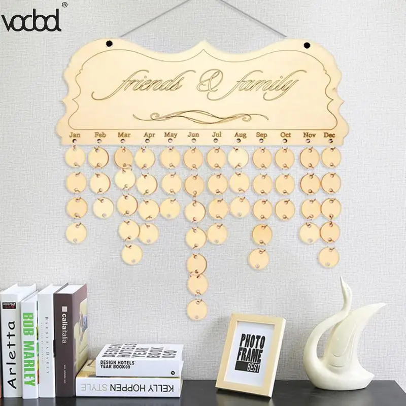 

VODOOL DIY Wooden Birthday Calendar Friends & Family Printed Wall Calendar Sign Special Dates Planner Board Hanging Decor Gifts