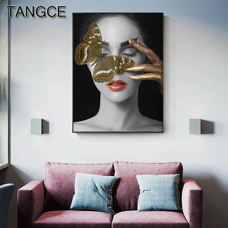 

Abstract Golden Butterfly Girl Canvas Painting Mysterious Lady Affiche Fashion Poster and Print for Living Room Unique Wall Art