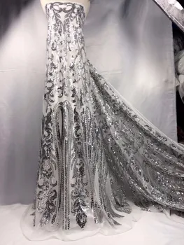 

NEW Embroidered sequins African Silver lace Fabric High Quality Nigerian Wedding Dress,French Lace Guipure Cord Lace YYZ893