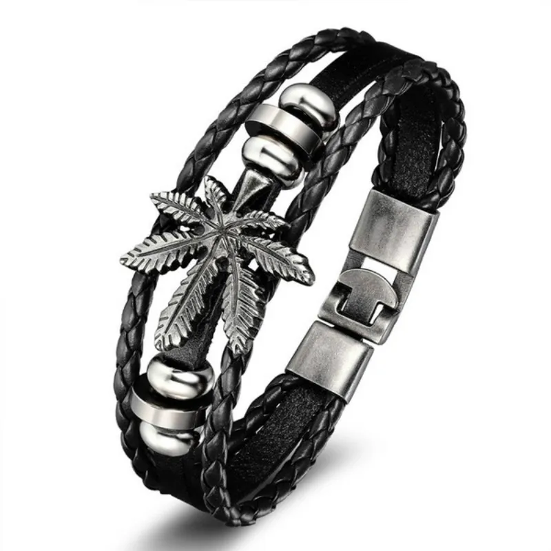 Fashion Leather Bracelet For Men Women Vintage Leaf Weed Charm Bracelets Bangles 1