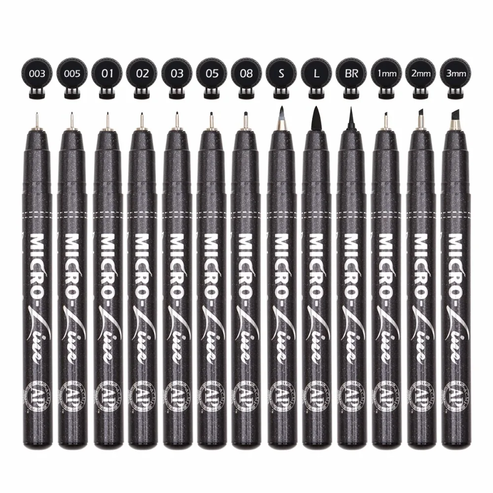 Billige Premium 13 stücke Mikron Neelde Zeichnung Linie Stift Hand Schriftzug Stifte Wasserdichte Pigment Skizze Marker Stift Für Design Kunst Liefert