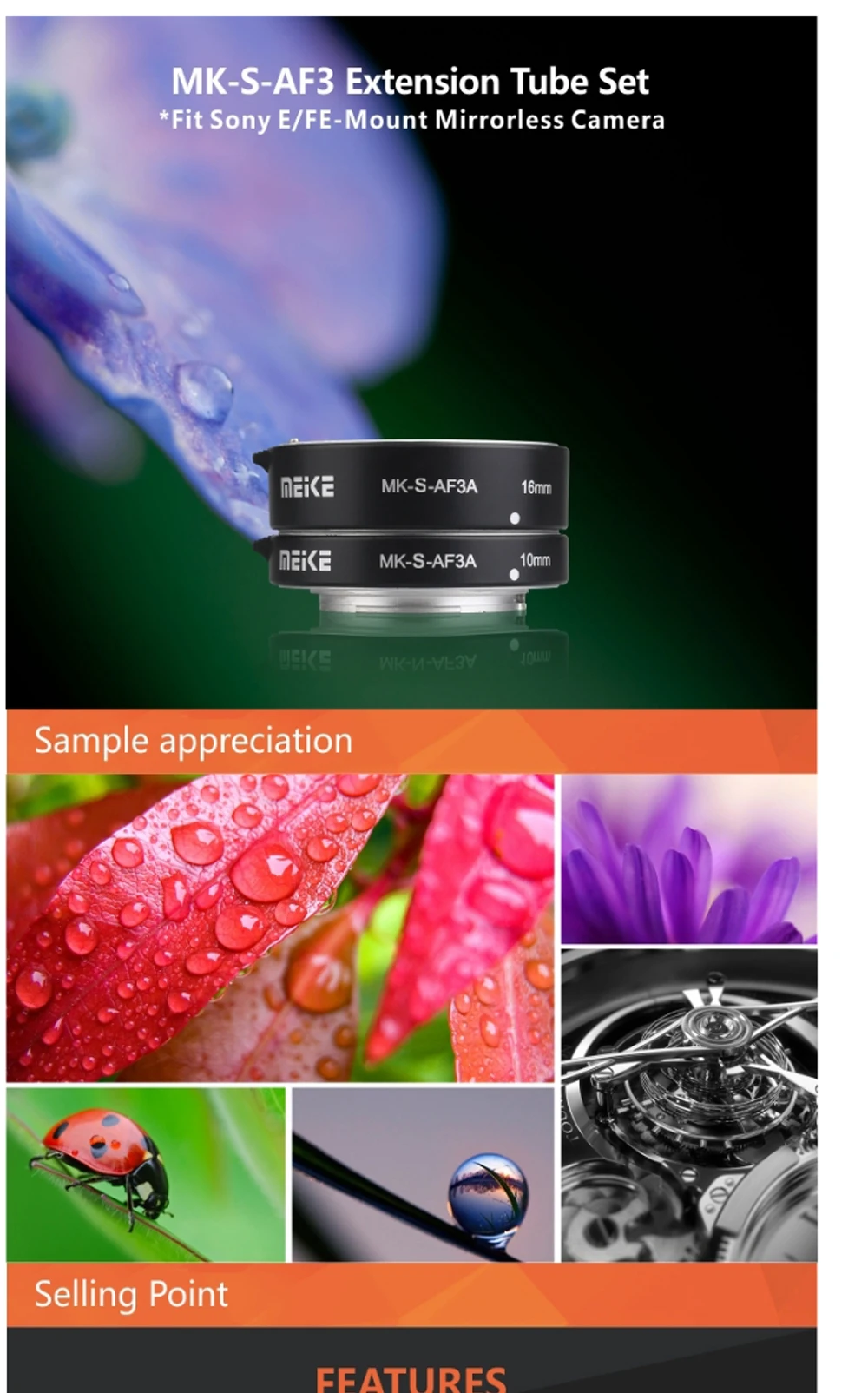 Extensão Macro 10mm 16mm para Sony Mirrorless