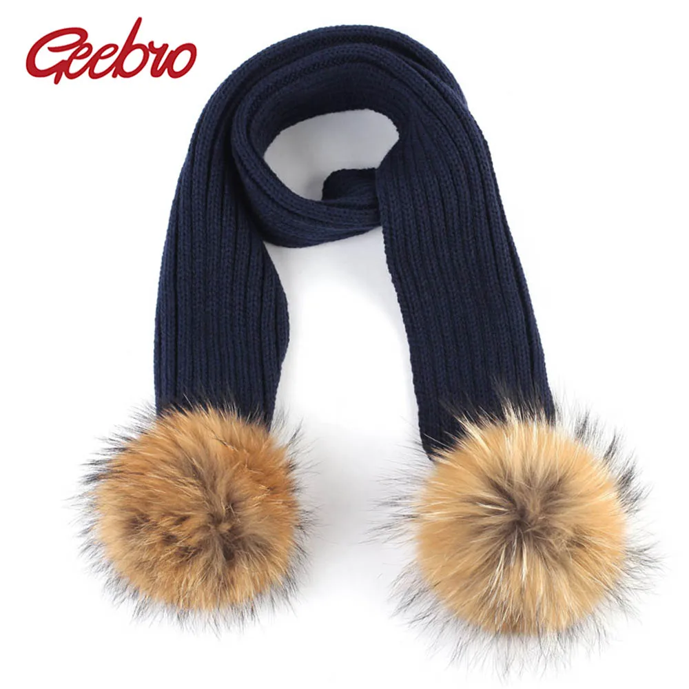 Geebro Kids Knitted Scarf With Double Raccoon Fur Pompom Boys and Girls Cashmere Plain Shawl Wrap Winter Warm Accessories DQ867