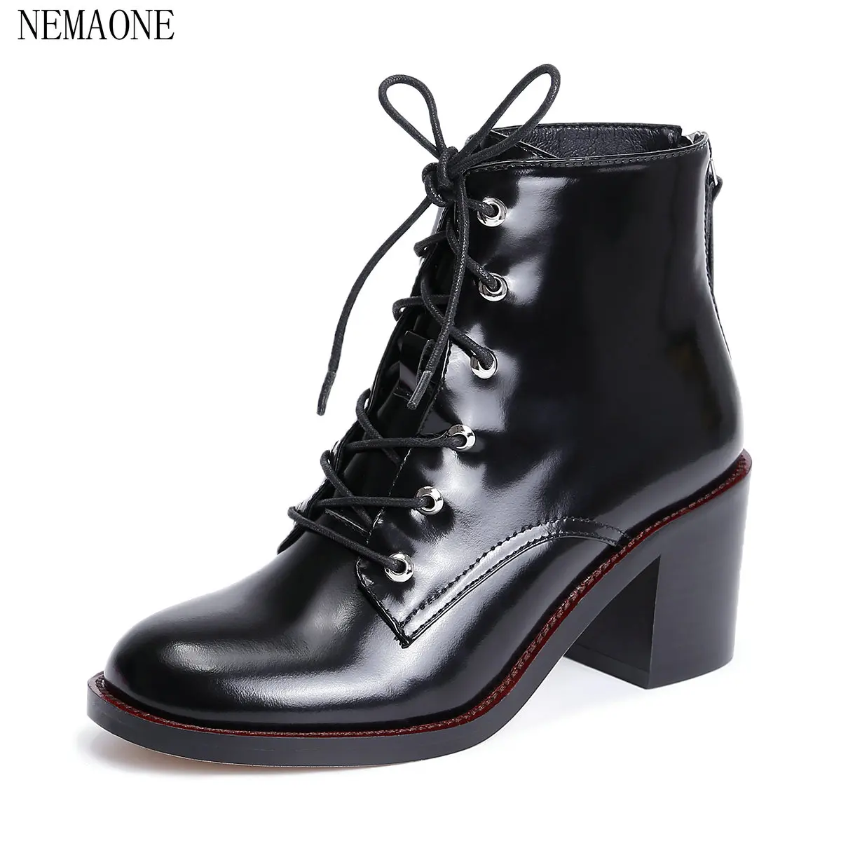 

NEMAONE cow leather ankle boots fashion square toe thick heel women boots high heel genuine leather lady boots