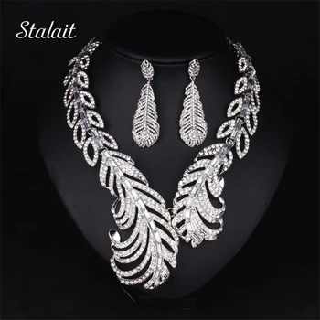

New Style Peacock Feather White Full Rhinestone Short Collar Choker Necklace Big Statement Jewelry Set For Women Party Dress