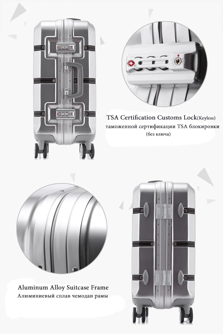 Алюминий рамки и металла сцепное устройство дорожного чемодана с колесами TSA замок тележки случае царапинам Rolling Чемодан дешевые Koffer