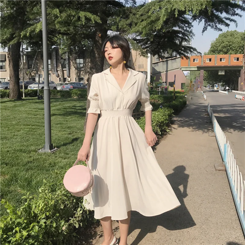 

2019 summer women's new Korean dress high waist elastic pleated temperament chiffon short-sleeved Stylish simplicity dress m89