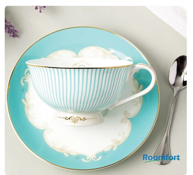 Fancy tea time cups and saucer with scoops set elegant bule strip