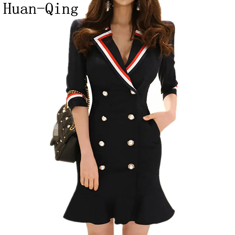 

Korean Office Lady Double-breasted Blazers Package Hip Ruffles Dress Summer Women Suit Collar Sexy Bodycon Party Pencil Dresses