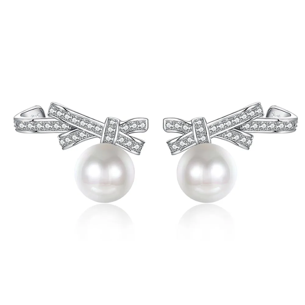 

Fashion Women Bow Knot 925 Sterling Silver Earrings Fine Zircon CZ Pearl S925 Stud Earrings for Lady Evening Party Jewelry
