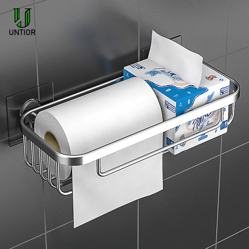 UNTIOR Stainless Steel Toilet Paper Basket Holder Wall-mounted Bathroom Kitchen Paper Tissue Box Toilet Paper Holder with Shelf