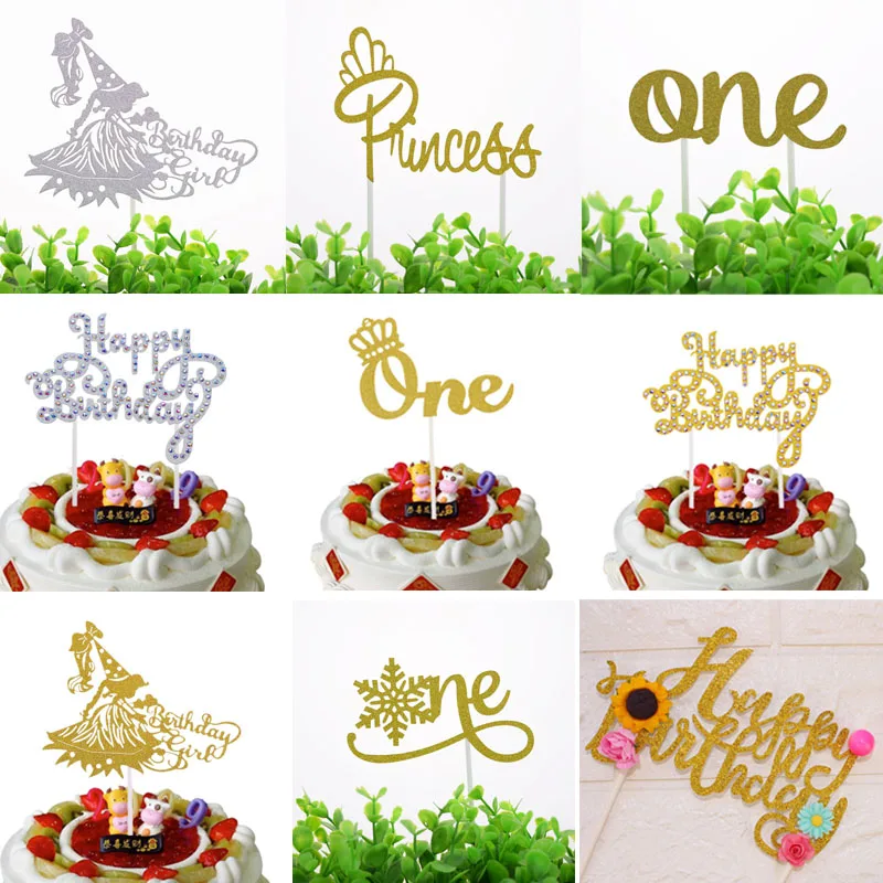 Cake Topper Flags Shiny Crystal Cupcake One Glitter Girl Toppers Bride Kids Birthday Wedding Cake Wrapper Party Baking DIY Flag