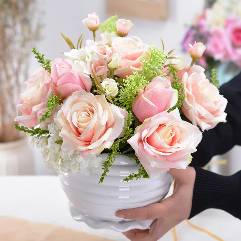 

Modern Home Ceramic Vase+Artificial Flower Set Figurines & Miniatures Decoration Office Coffee Desktop Fake Flower Pot Ornament