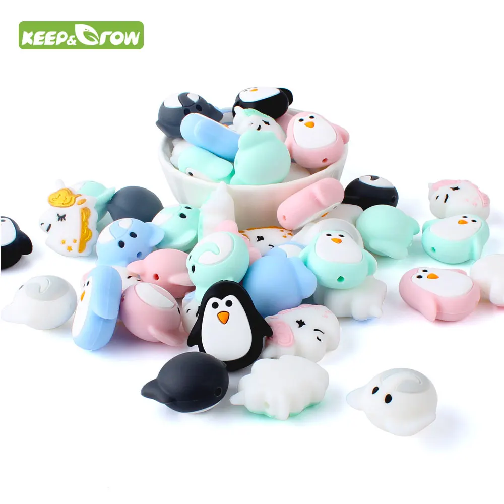 

KEEP&GROW 30Pcs Unicorn Penguin Elephant Rodents Silicone Beads Teething Necklace Beads BPA Free DIY Jewelry Pacifier Chain Bead
