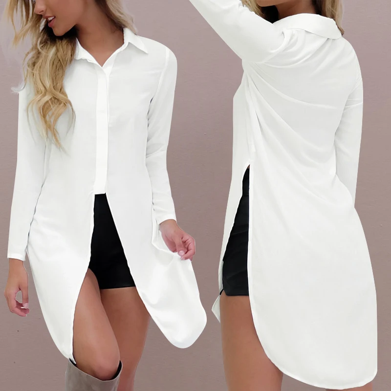 Acheter CELMIA Mode Sexy Femmes En Mousseline de Soie Chemises 2018 Nouveau Style À Manches Longues Revers Côté de Split Solide Chemisier Occasionnel Lâche Longues Hauts blusas