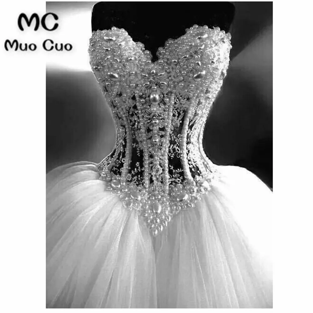 

Luxuries 2018 Ball Gown Wedding Dresses with Pearls Crystals Sweetheart Robe de mariage Beaded vestido de noiva Bridal Gowns