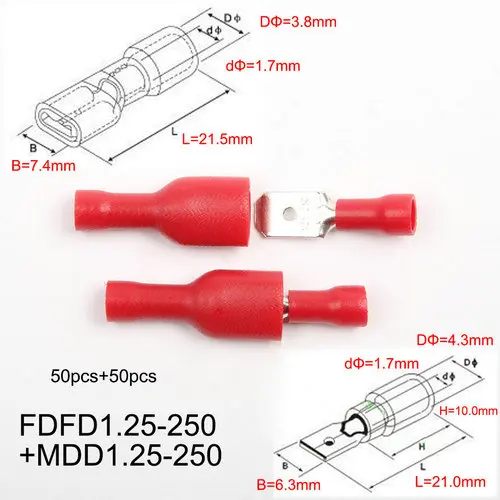 FDFD MDD1.25-250 16-10AWG MDD FDFD Женский Мужской изолированный Лопата шарнир обжимной разъем терминал комплект 50 пар FDFD+ MDD1.25-250 2-250 5,5-250 - Цвет: FDFD MDD1.25-250