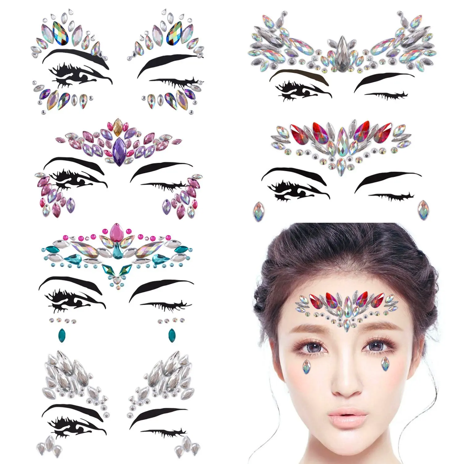 

METABLE 6 Sets Rhinestone Mermaid Face Jewels Tattoo - BODY STICKERS Crystal Tears Gem Stones Bindi Temporary Stickers